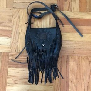Black leather satchel with fringe